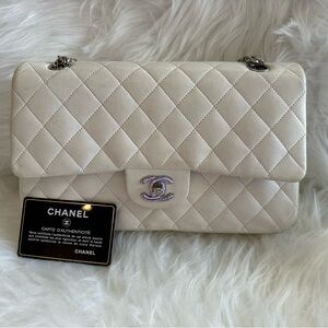 CHANEL Medium Lambskin Double Flap Bijoux chain White